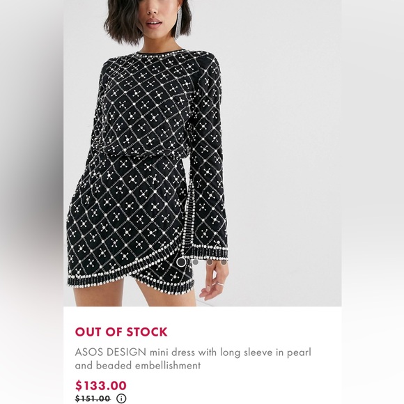 ASOS DESIGN black mini dress with long sleeve in pearl & beaded embellishment - Picture 6 of 6